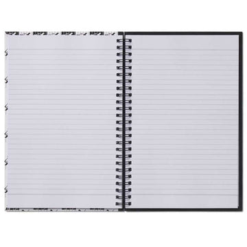 Open notebook with lined pages on a white background